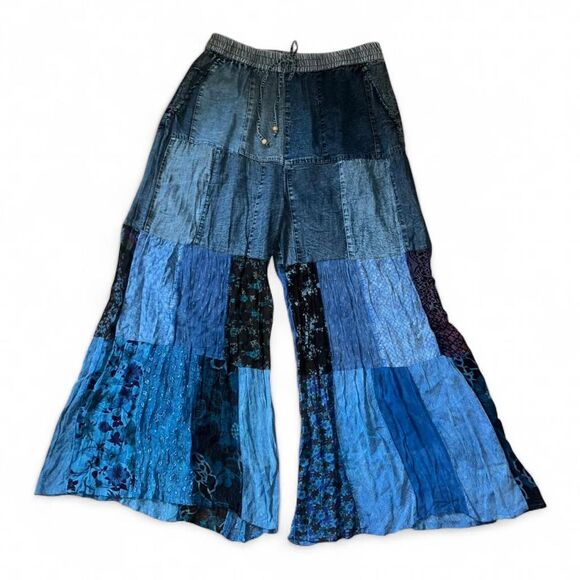 Source Unknown Denim - Woman's Denim Patchwork Mixed Media Rayon Wide Leg Pants SZ L